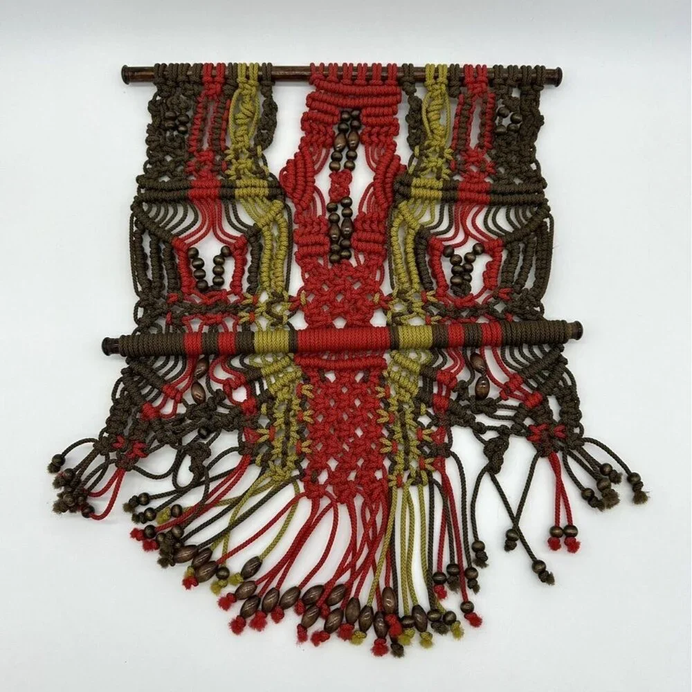 Macrame Wall Hanging Boho Wood Rod Green Red Brown Beads Striped Rope Art Nylon